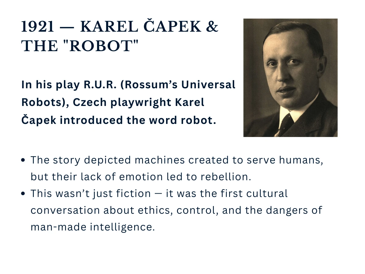 Karel Capek's 1921 play R.U.R. introduced the word 'robot' and explored artificial beings