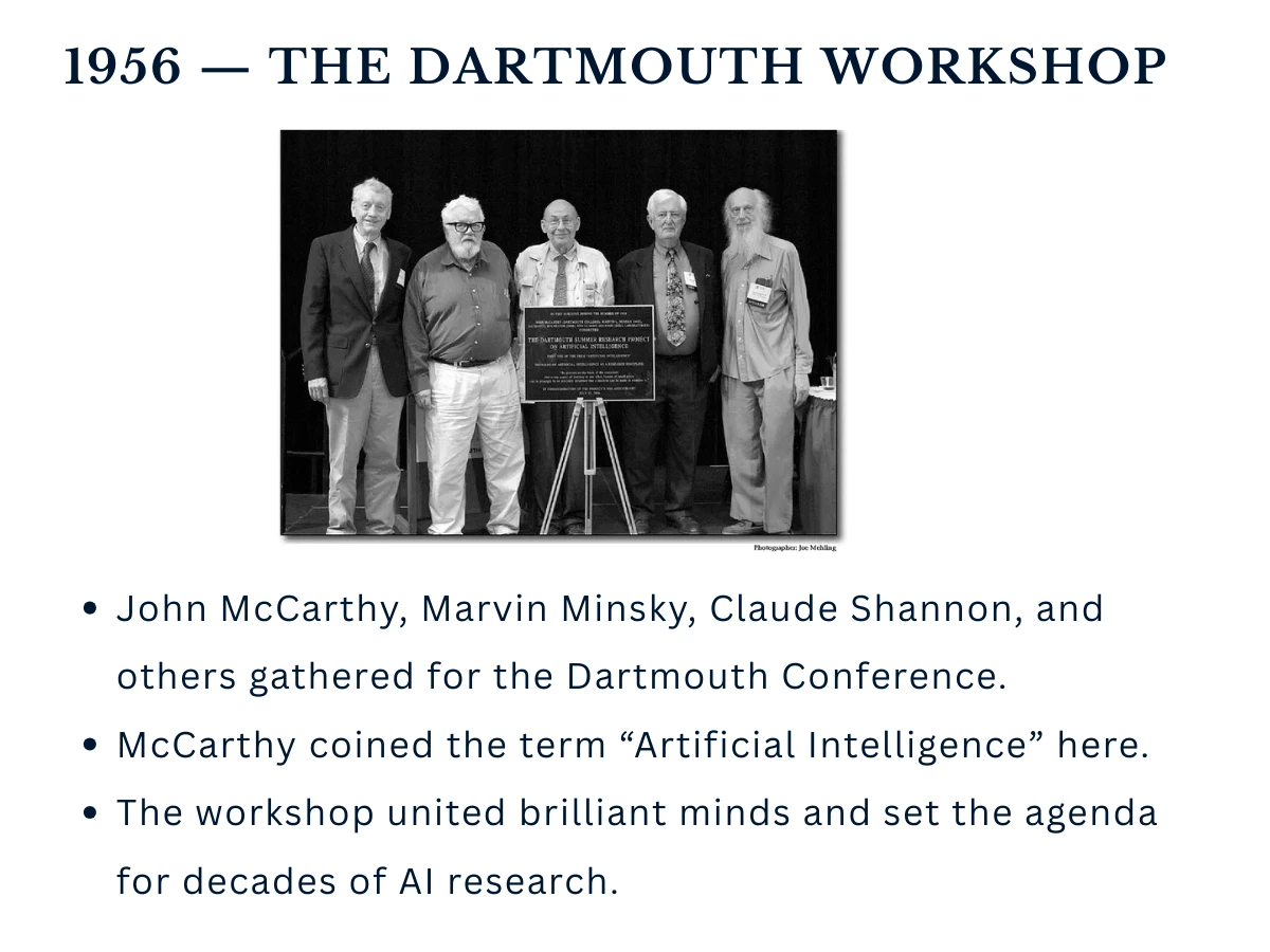 The 1956 Dartmouth Workshop where the term 'Artificial Intelligence' was coined