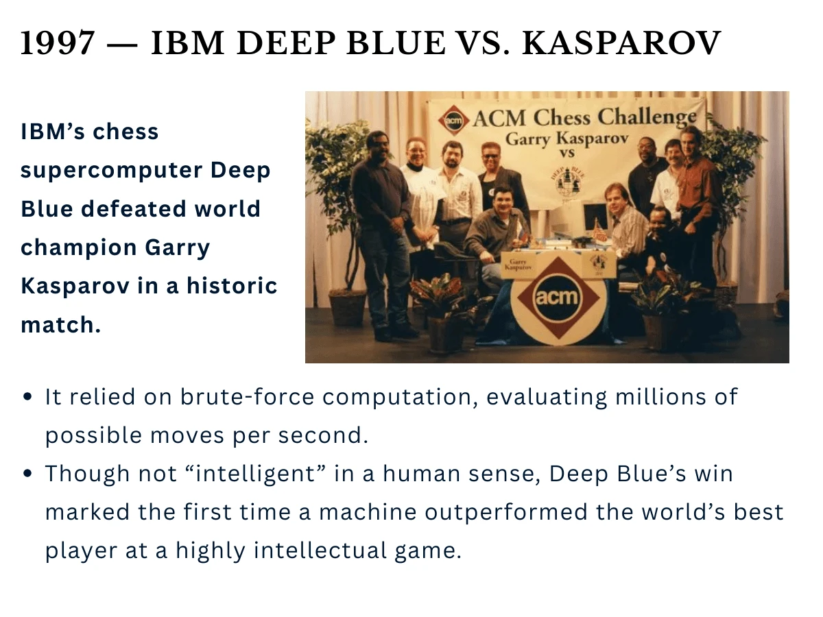 IBM Deep Blue defeating world chess champion Garry Kasparov in 1997
