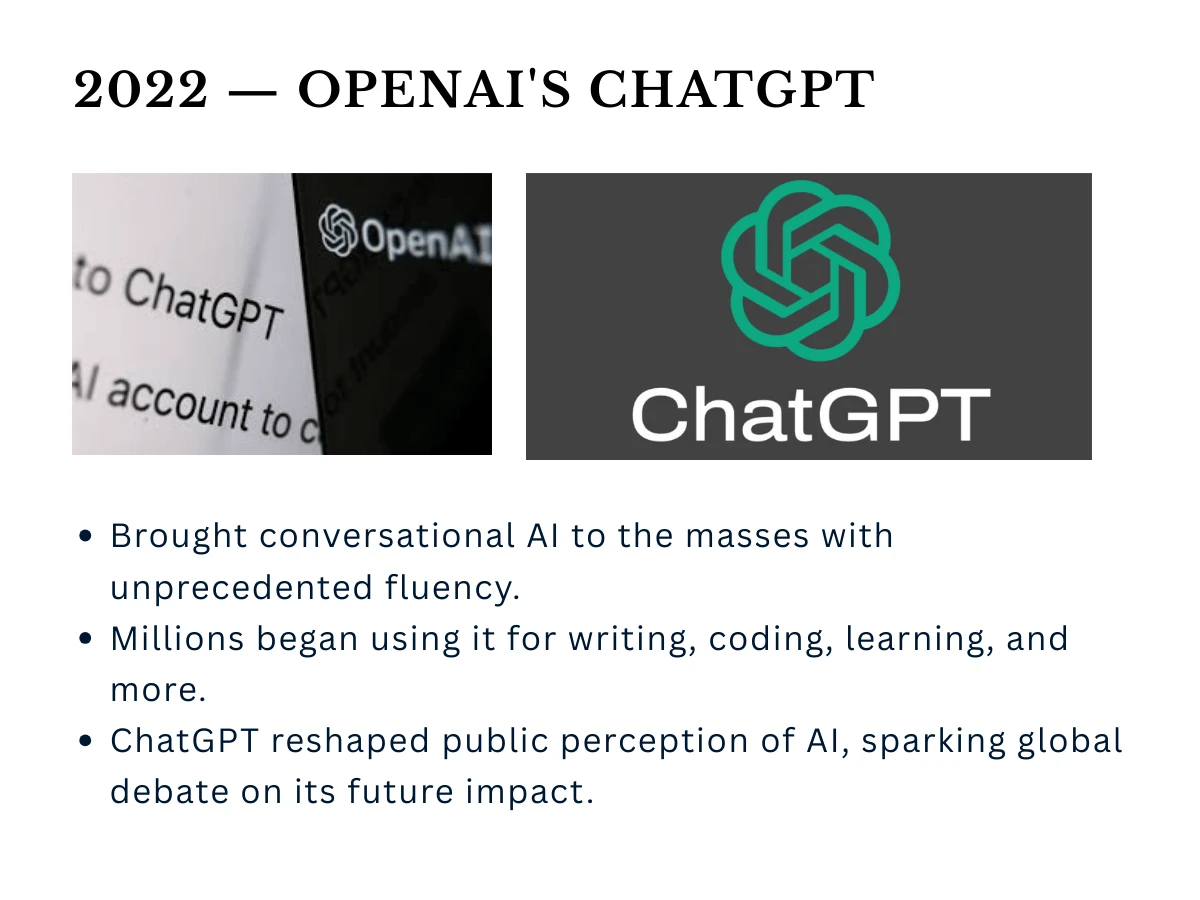 OpenAI's ChatGPT launch in 2022 marking AI's mainstream breakthrough