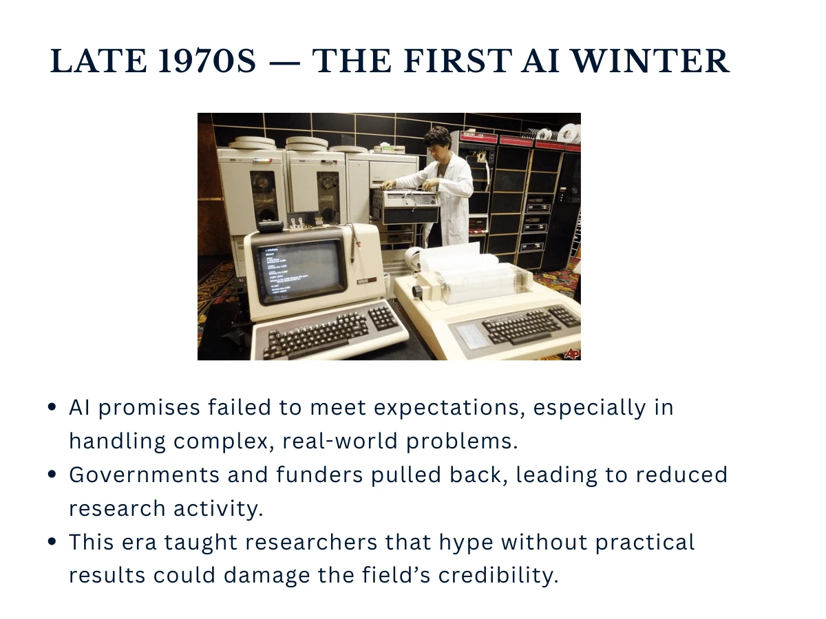 The First AI Winter of the late 1970s when funding and interest in AI research collapsed