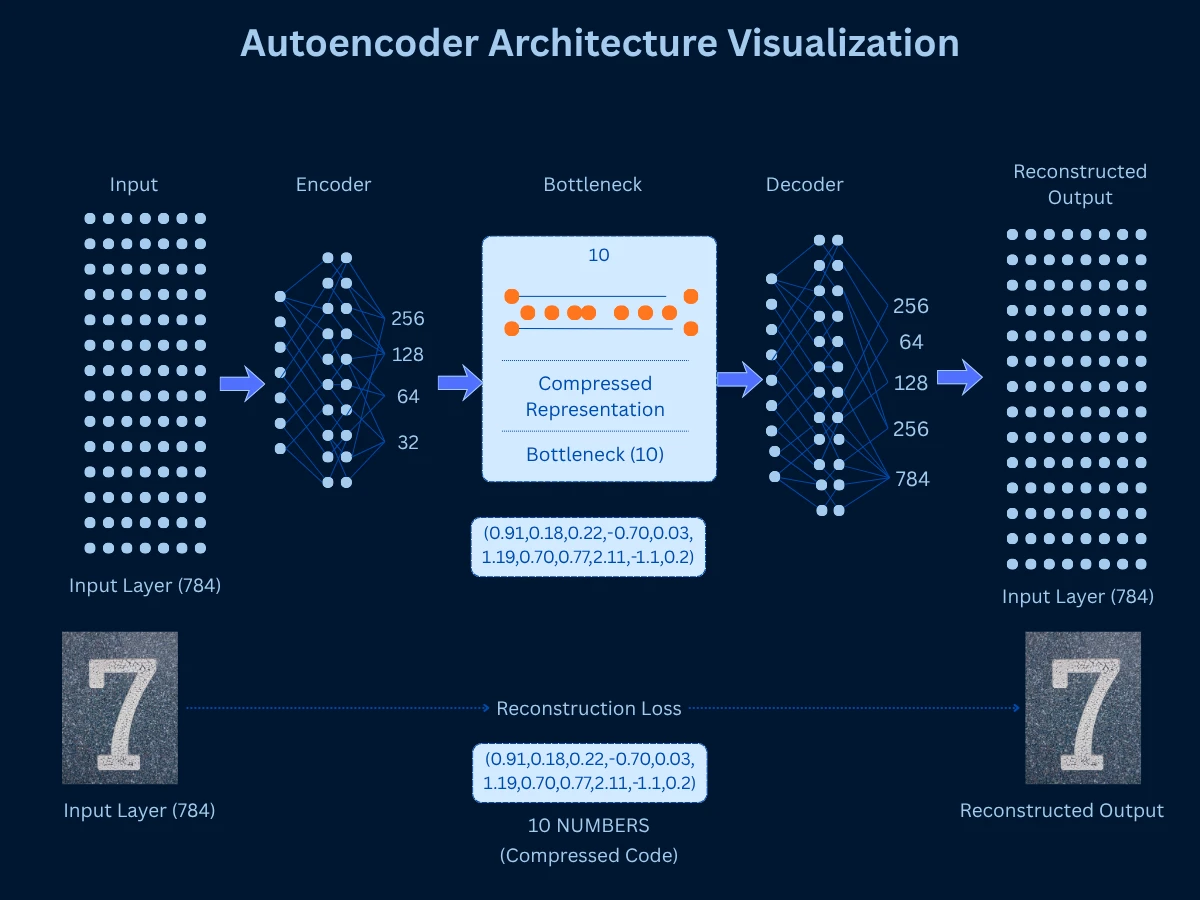 Autoencoder Architecture Visualization showing encoder-bottleneck-decoder structure with example digit compression and reconstruction