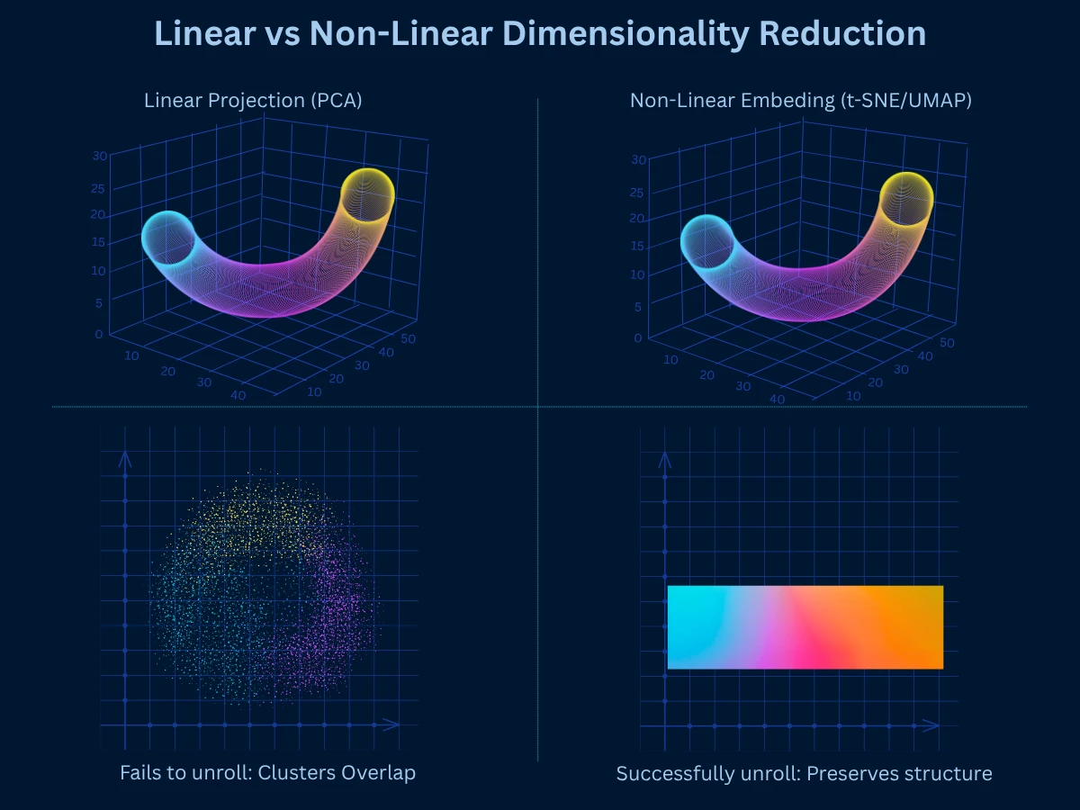 Linear vs Non-Linear Dimensionality Reduction - comparison showing how PCA projects 3D data linearly while t-SNE/UMAP preserves non-linear manifold structure