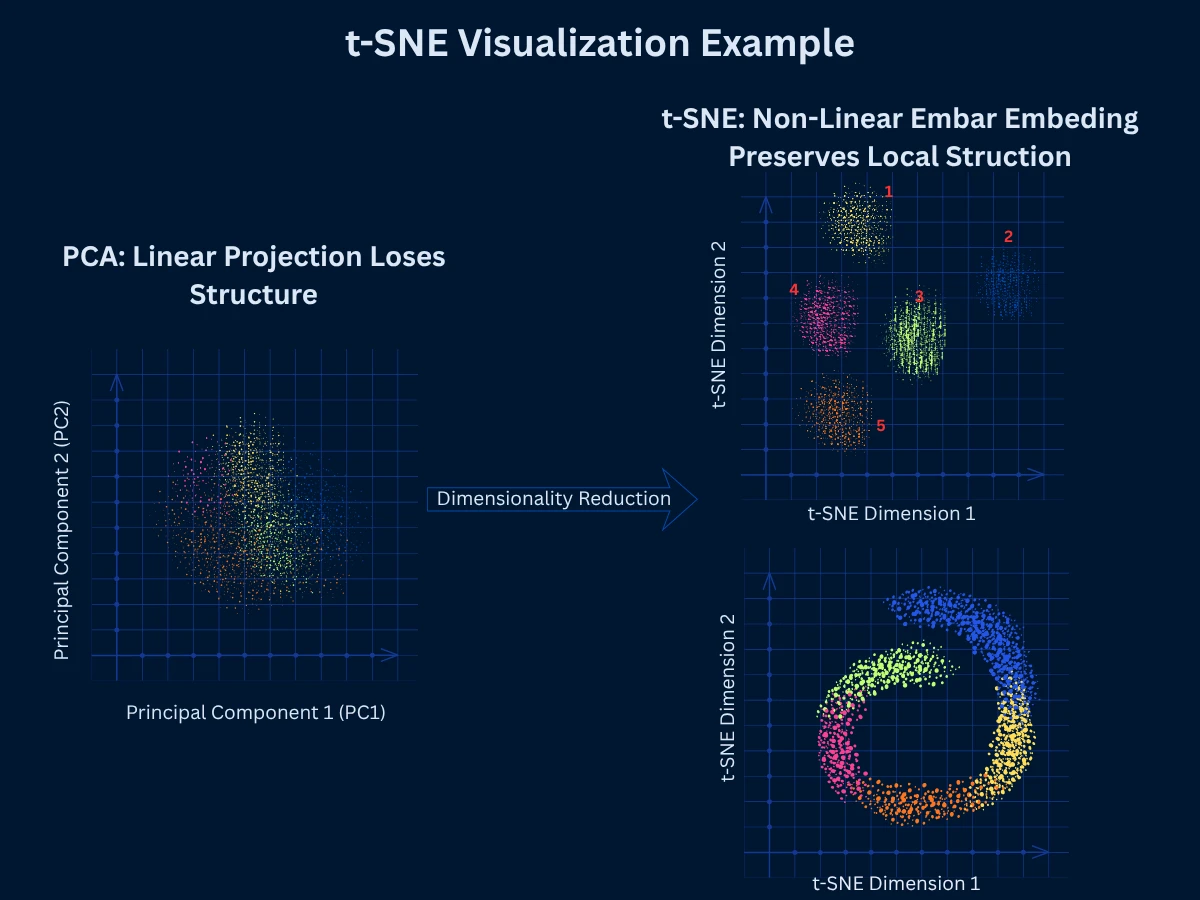 t-SNE Visualization Example comparing PCA vs t-SNE on MNIST digits dataset showing superior cluster separation